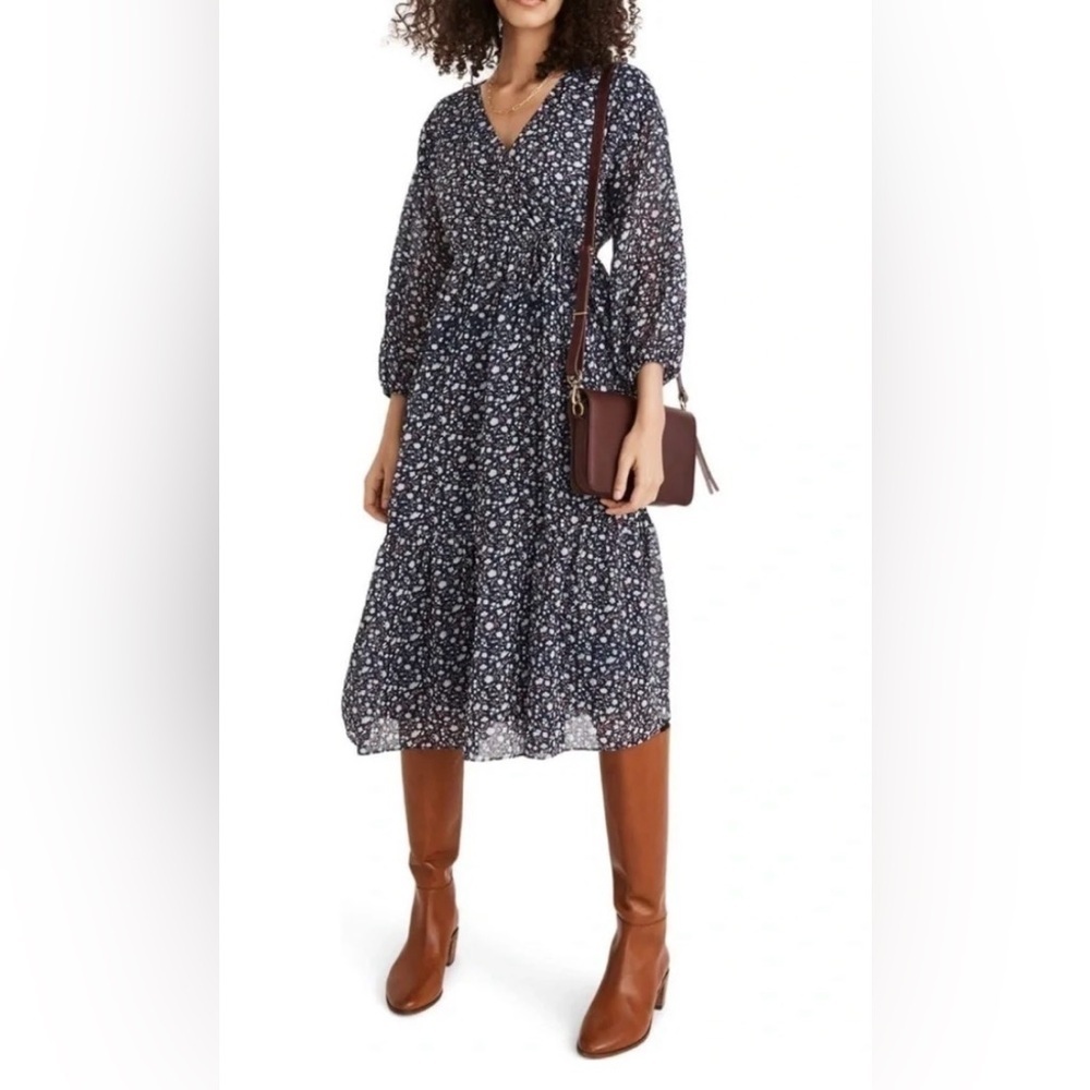 MADEWELL Wrap Floral Ditsy Midi Dress in Navy Size Medium